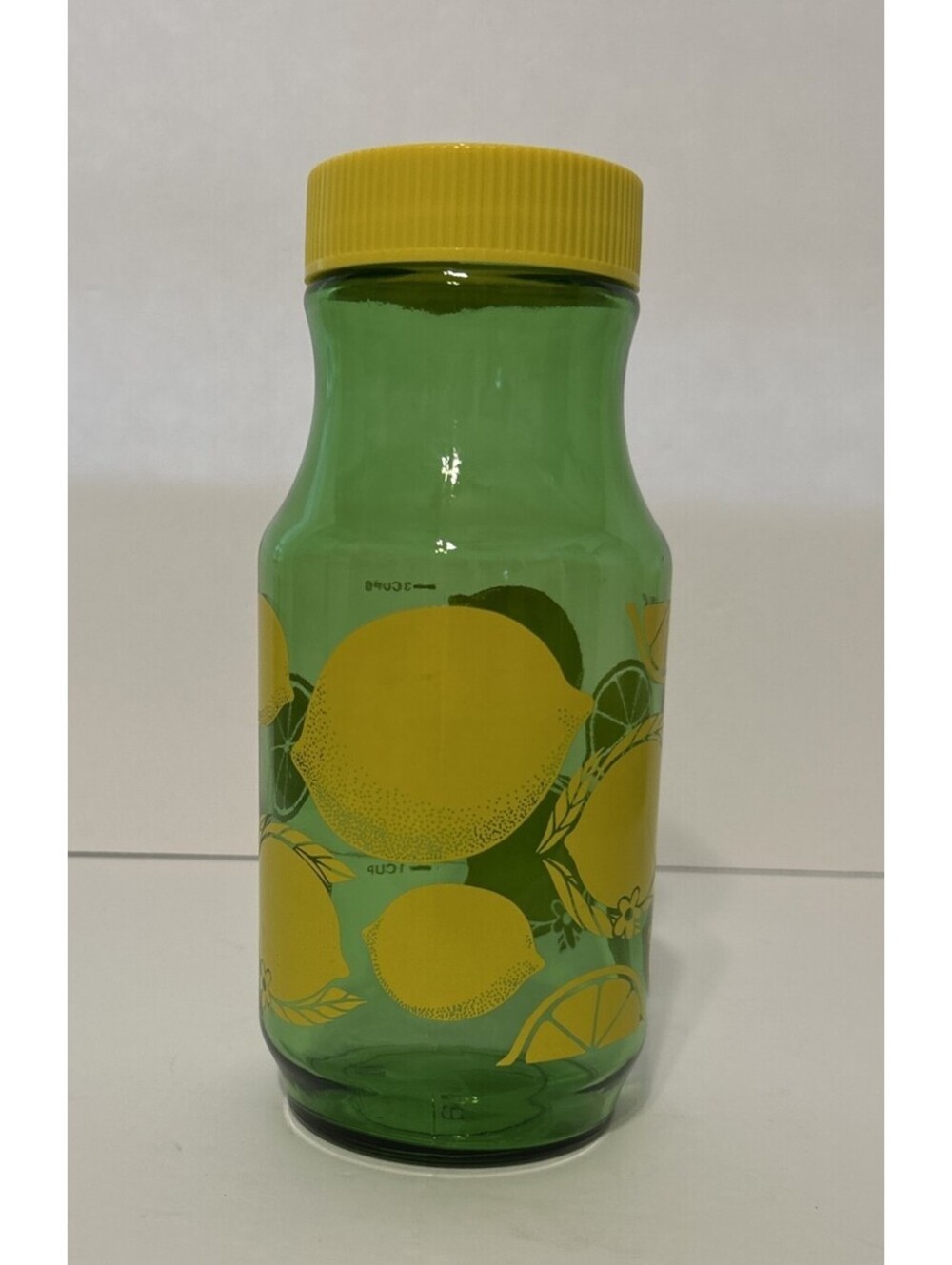 Vintage 1980's 8.25" Anchor Hocking Green Glass Yellow Lemon Pattern Juice Jar